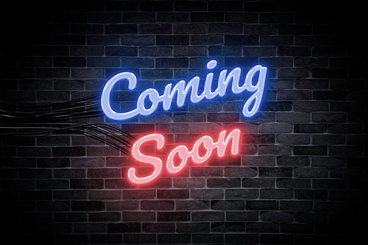 Coming soon text neon banner, light signboard.